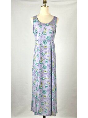 Vtg 90s Floral Rayon Maxi Sun Dress Lavender Sleeveless Watercolor Relaxed Fit